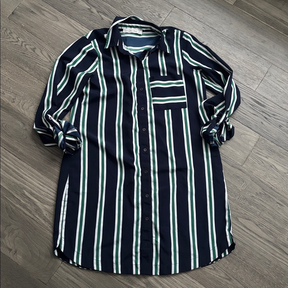 Abercrombie & Fitch | Blue Green White Shirt Dress Stripe Pocket Flowy Sz Small